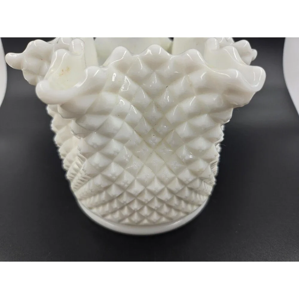 Vintage Westmoreland Milk Glass Quilted Diamond Hobnail Fluted Vase 5”